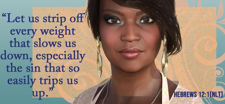 beautiful woman with Hebrews 12:1 nlt written to the side of her