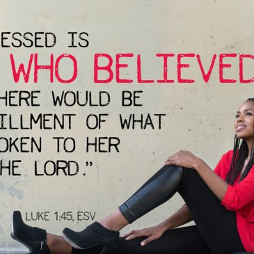 Lovely young woman sitting on the ground, Luke 1:45 esv