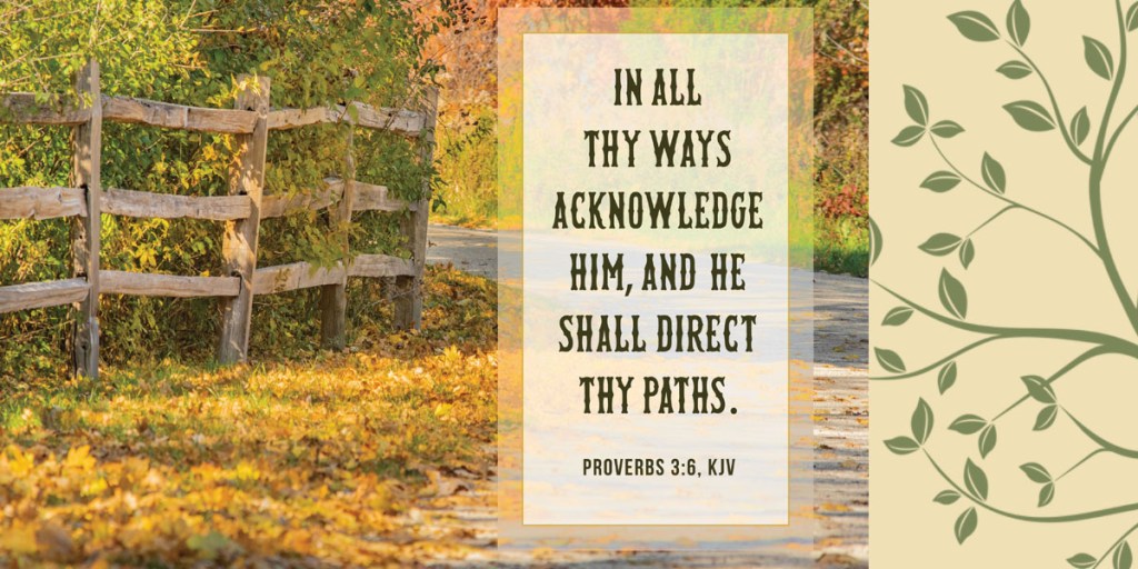 fall trees along winding path with old wooden fence Proverbs 3:6 kjv