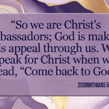 Purple abstract background with the words of 2 Corinthians 5:20 written across.