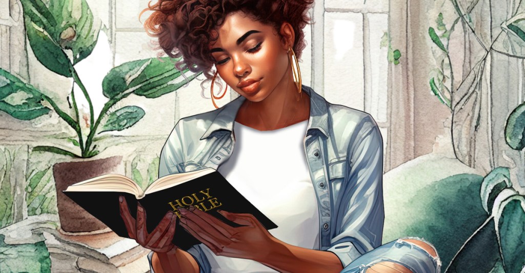 homey room featuring a beautiful young woman reading her bible