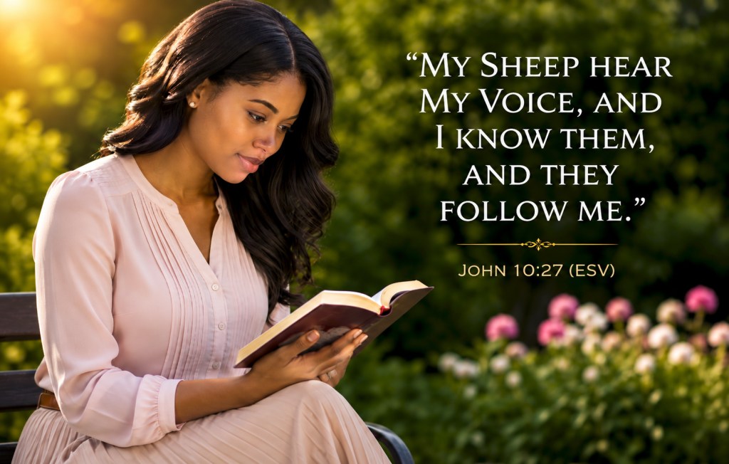 Young Black woman reading the Bible outdoors with John 10:27: “My sheep hear my voice, and I know them, and they follow me.”