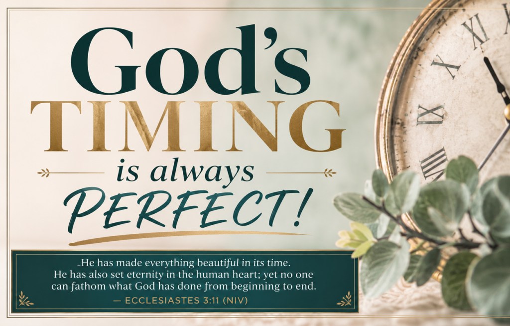 God’s perfect timing Christian graphic featuring a clock and Ecclesiastes 3:11