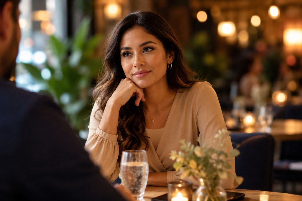 Hispanic woman thoughtfully looking at her date across a restaurant table during an evening out.