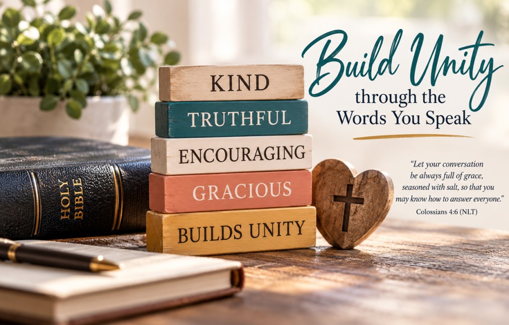 Bible beside wooden blocks displaying the words Kind, Truthful, Encouraging, Gracious, and Builds Unity, with a wooden heart and cross representing Christ-centered communication.