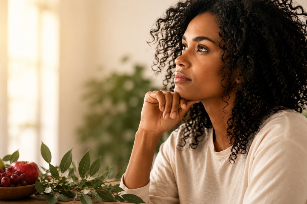 Thoughtful Black woman sitting beside a bowl of fruit and greenery, reflecting on Christian character and discernment.