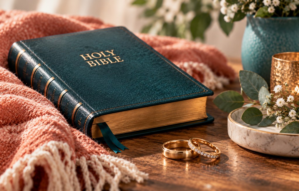 Closed teal Holy Bible with gold wedding rings, coral throw, greenery, and warm gold accents.