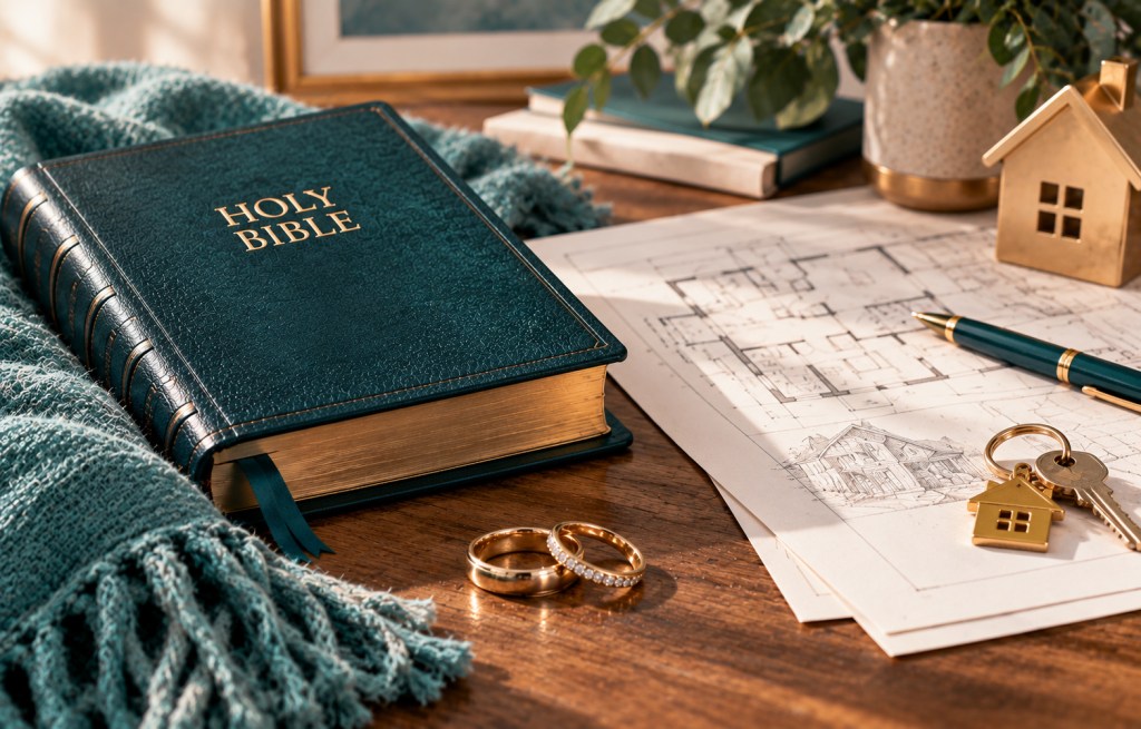 Closed teal Holy Bible beside wedding rings, house plans, keys, and a small gold house.