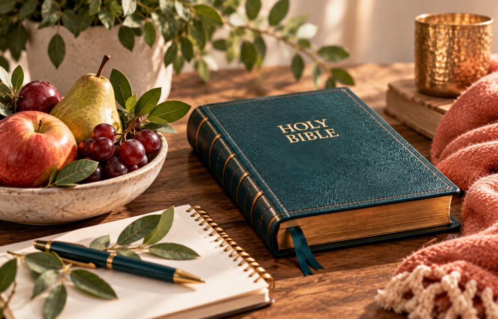 Closed teal Holy Bible beside a bowl of fruit, journal, greenery, and coral throw.