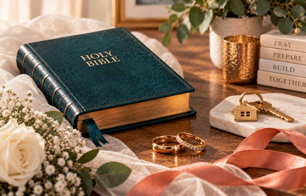 Closed teal Holy Bible with wedding rings, house keys, white flowers, and coral ribbon.
