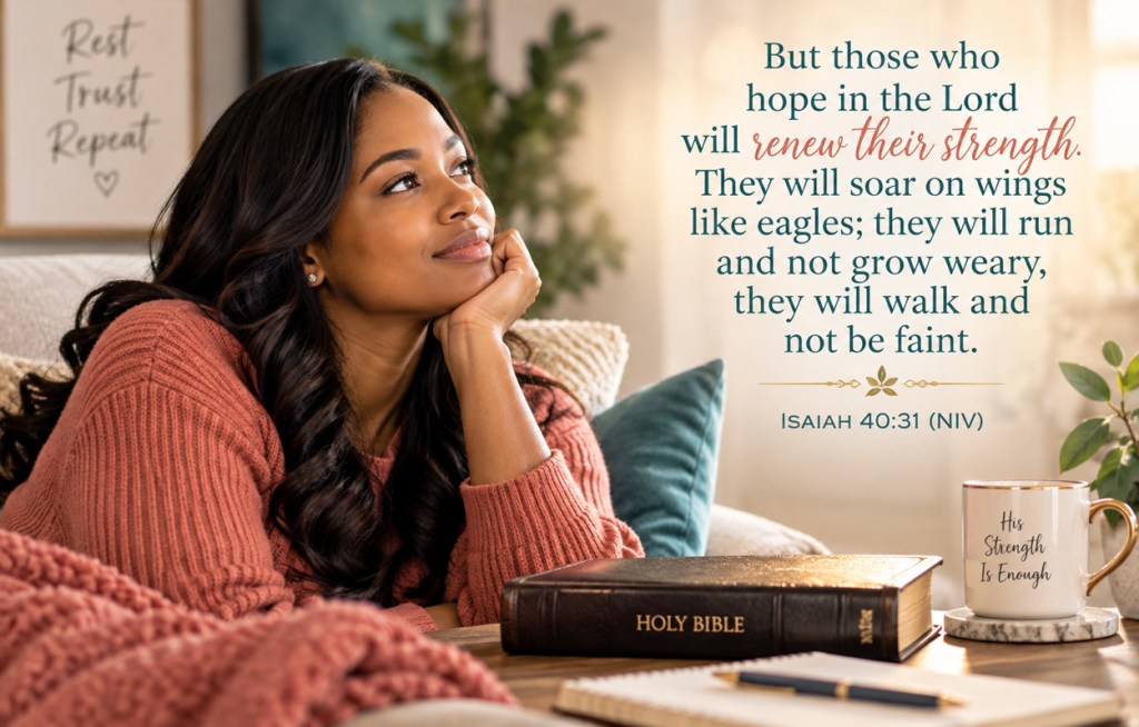 Young Black woman resting beside a Bible with Isaiah 40:31, reminding believers that those who hope in the Lord will renew their strength.