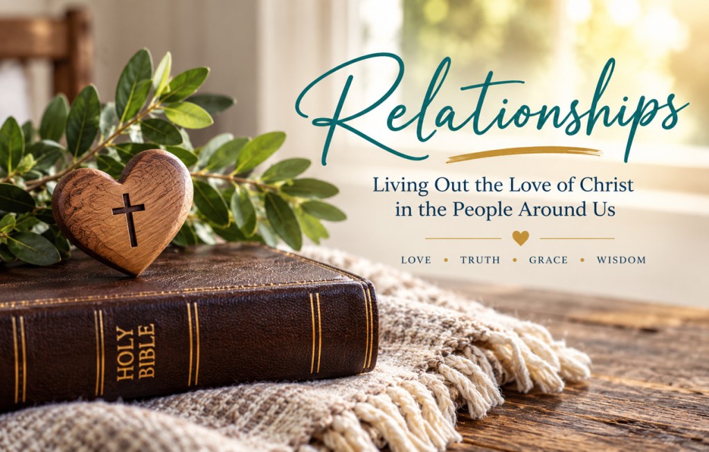 Wooden heart with a cross resting on a Holy Bible beside greenery, representing the love of Jesus Christ expressed through our relationships.